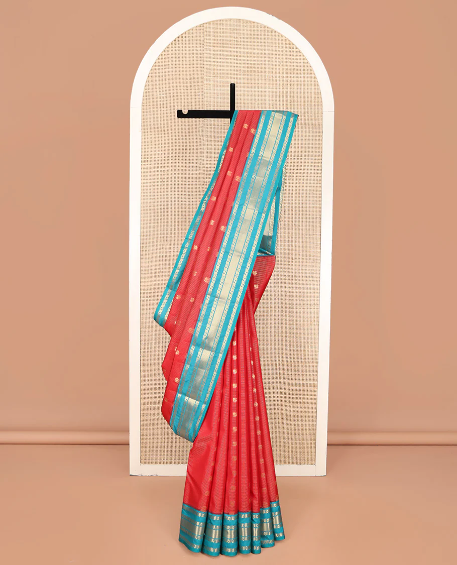 Red Vasundhara Lite Silk Mix Saree, Enthralled with Yaali-Mayil Buttas and Stripes on Its Body, Complemented by a Contrast Border of Kodi Visiry and Mayil Kann Designs, Grand Pallu, and Paired with a Contrast Blouse
