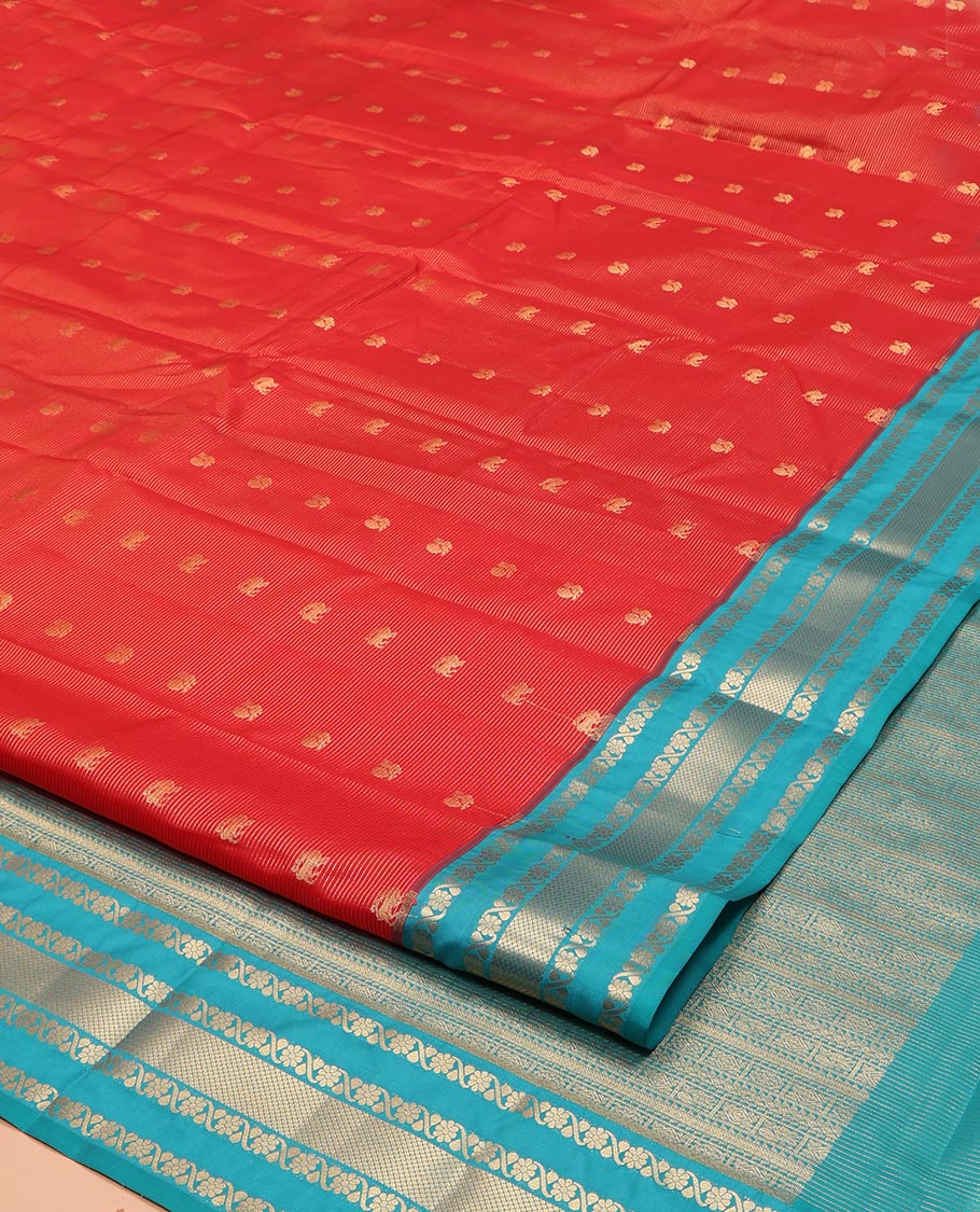 Red Vasundhara Lite Silk Mix Saree, Enthralled with Yaali-Mayil Buttas and Stripes on Its Body, Complemented by a Contrast Border of Kodi Visiry and Mayil Kann Designs, Grand Pallu, and Paired with a Contrast Blouse - Image 2