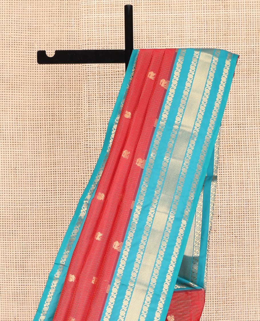 Red Vasundhara Lite Silk Mix Saree, Enthralled with Yaali-Mayil Buttas and Stripes on Its Body, Complemented by a Contrast Border of Kodi Visiry and Mayil Kann Designs, Grand Pallu, and Paired with a Contrast Blouse - Image 3