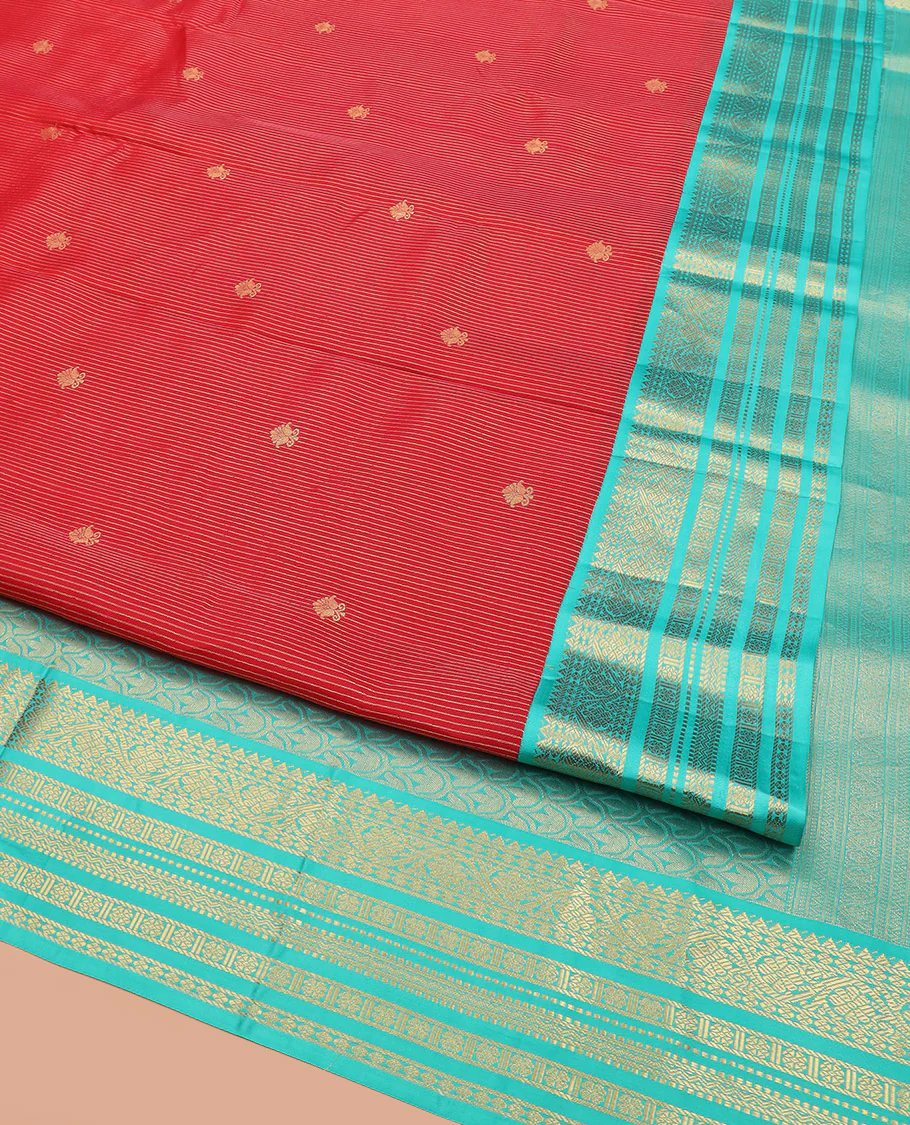 Red Vasundhara Lite Silk Mix Saree, Meticulously Crafted with Zari Buttas and Zari Stripes, Complemented by Contrast Border of Rekku, Rudraksham, Kodi Visiry, Muthu, and Kamalam Designs, Pallu Featuring Scallop Designs, and Paired with a Contrast Blouse - Image 2