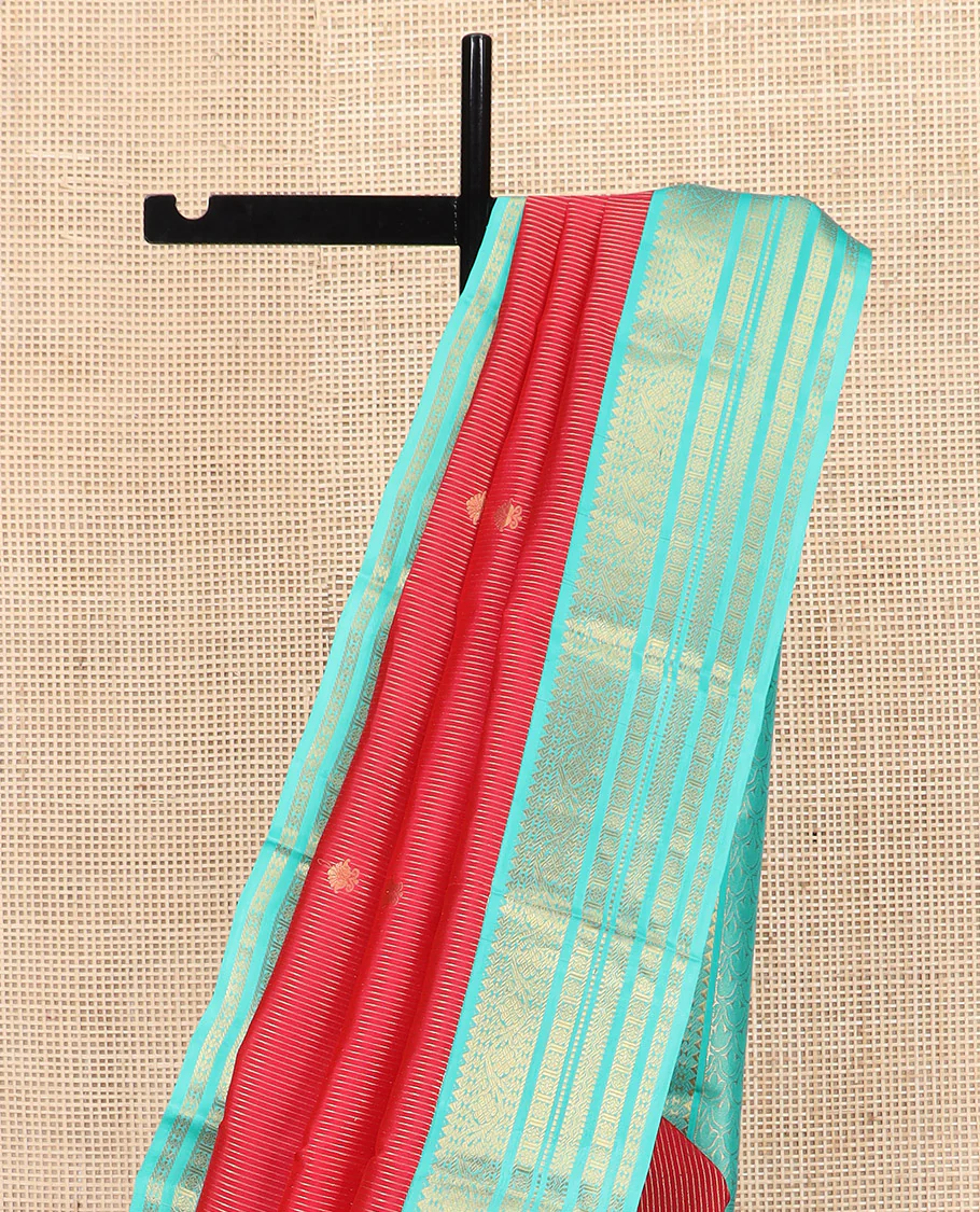 Red Vasundhara Lite Silk Mix Saree, Meticulously Crafted with Zari Buttas and Zari Stripes, Complemented by Contrast Border of Rekku, Rudraksham, Kodi Visiry, Muthu, and Kamalam Designs, Pallu Featuring Scallop Designs, and Paired with a Contrast Blouse - Image 3