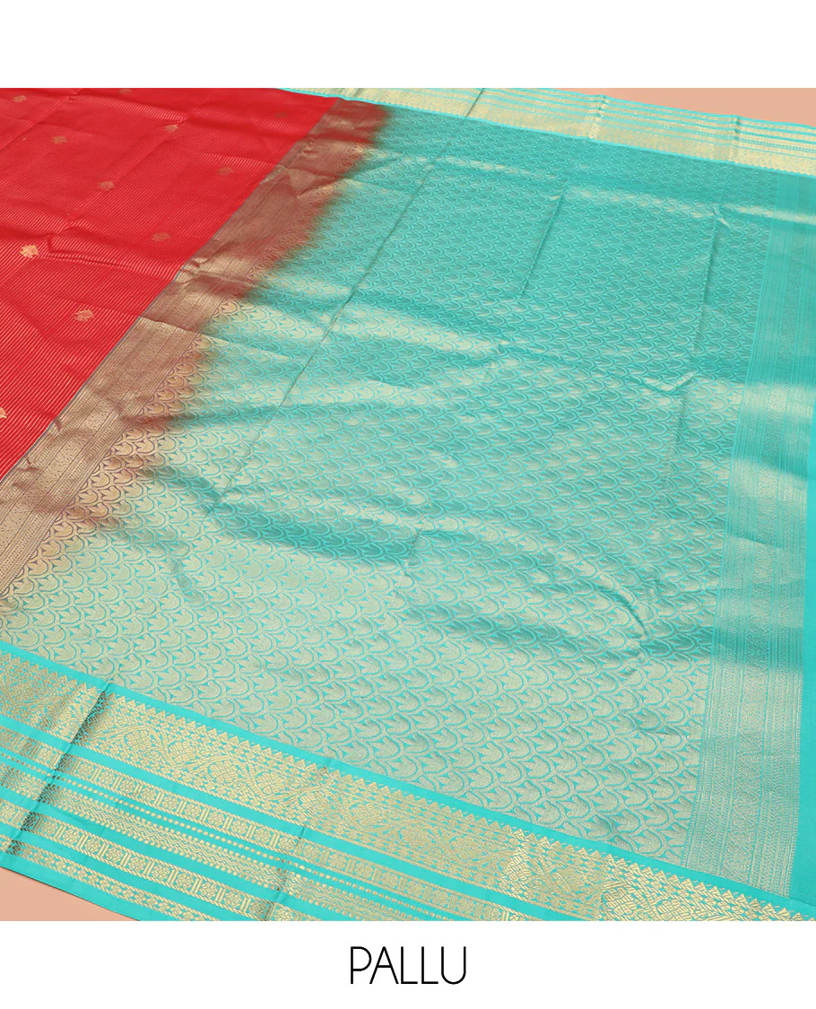 Red Vasundhara Lite Silk Mix Saree, Meticulously Crafted with Zari Buttas and Zari Stripes, Complemented by Contrast Border of Rekku, Rudraksham, Kodi Visiry, Muthu, and Kamalam Designs, Pallu Featuring Scallop Designs, and Paired with a Contrast Blouse - Image 5