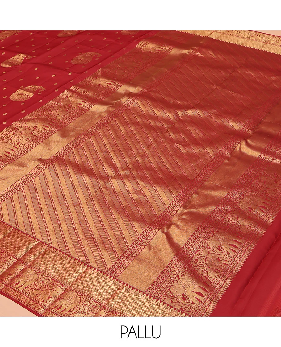 Red Vasundhara Lite Silk Mix Saree, Ornamented with Manga Zari Buttas on Its Body, Highlighted by a Zari Border of Rekku, Yaanai, and Rudraksham Designs, Pallu of Diagonal Designs, and Paired with a Matching Blouse - Image 5