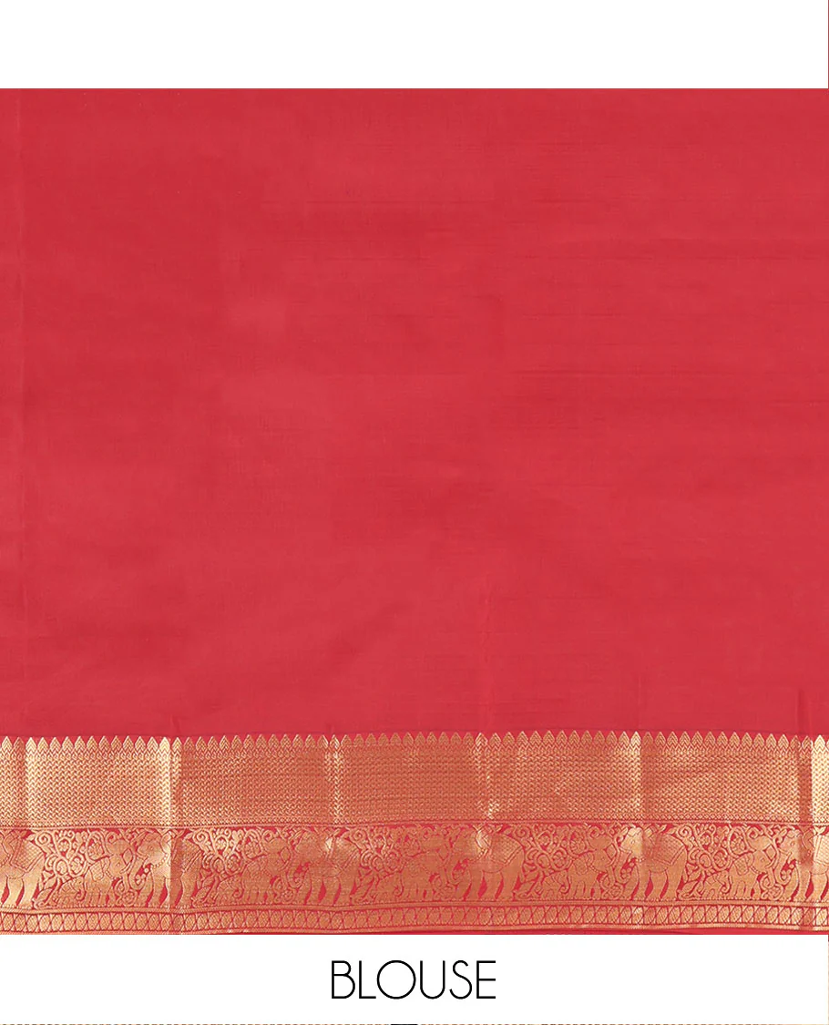 Red Vasundhara Lite Silk Mix Saree, Ornamented with Manga Zari Buttas on Its Body, Highlighted by a Zari Border of Rekku, Yaanai, and Rudraksham Designs, Pallu of Diagonal Designs, and Paired with a Matching Blouse - Image 6