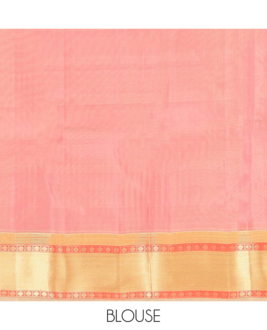 Red Vasundhara Lite Silk Mix Saree, Richly Detailed with Zari Buttas All Over Its Body, Complemented by Contrast Border of Rudraksham, Muthu, and Mayil Kann Designs, Grandly Woven Pallu of Jaal Designs, and Paired with a Contrast Blouse - Image 6