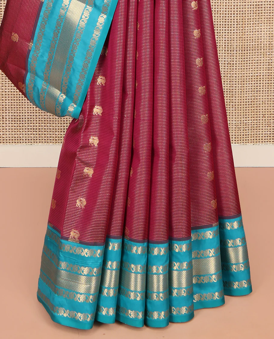 Red Vasundhara Lite Silk Mix Saree, Woven with Yaali Buttas and Stripes on Its Body, Complemented by a Contrast Border of Kodi Visiry and Mayil Kann Designs, Grand Pallu, and Paired with a Contrast Blouse - Image 4