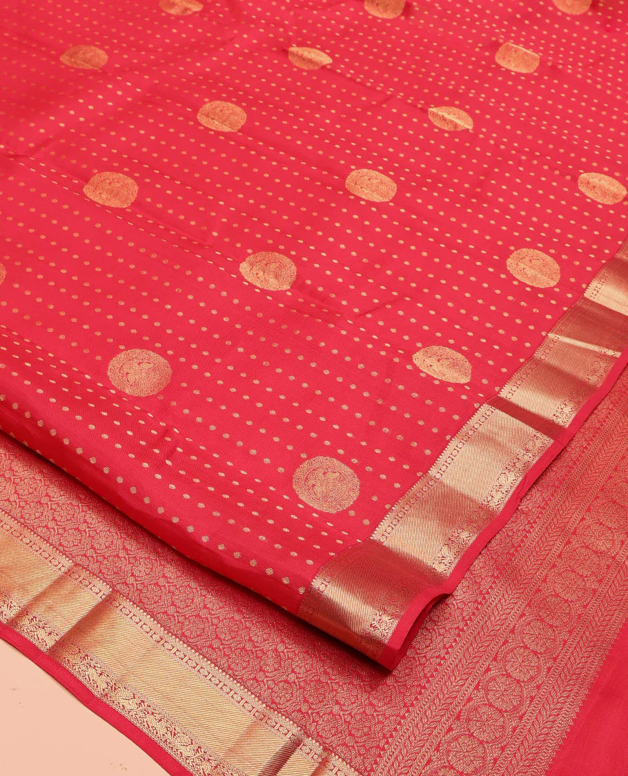 Red Vasundhara Silk Mix Saree, Decorated with Zari Buttas All Over Its Body, Highlighted by Zari Border of Rudraksham, Neli, Mayil, and Yaali Designs, Grand Pallu, and Paired with a Matching Blouse - Image 2