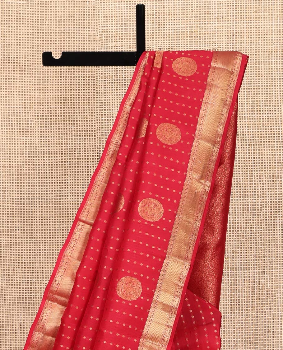 Red Vasundhara Silk Mix Saree, Decorated with Zari Buttas All Over Its Body, Highlighted by Zari Border of Rudraksham, Neli, Mayil, and Yaali Designs, Grand Pallu, and Paired with a Matching Blouse - Image 3