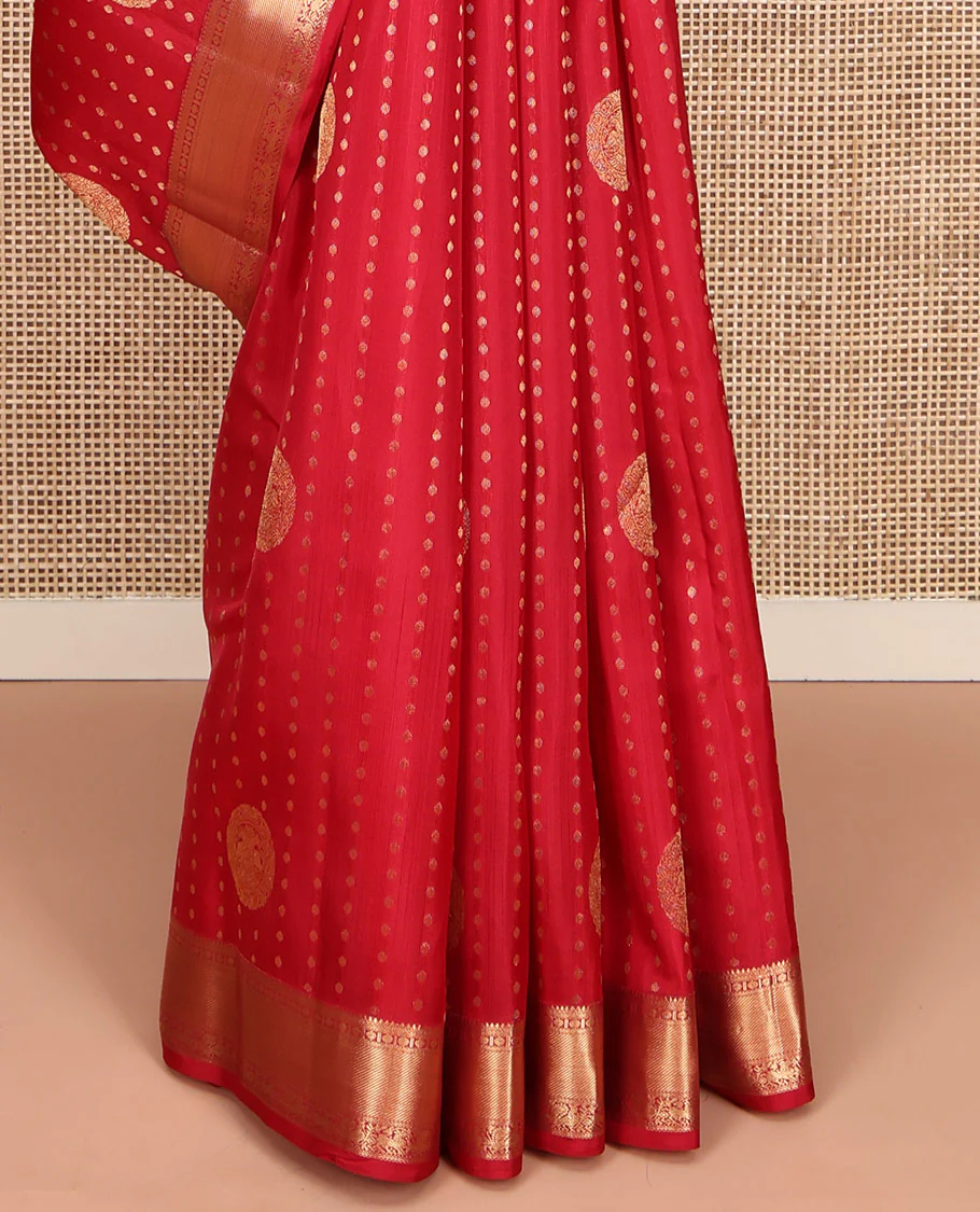 Red Vasundhara Silk Mix Saree, Decorated with Zari Buttas All Over Its Body, Highlighted by Zari Border of Rudraksham, Neli, Mayil, and Yaali Designs, Grand Pallu, and Paired with a Matching Blouse - Image 4