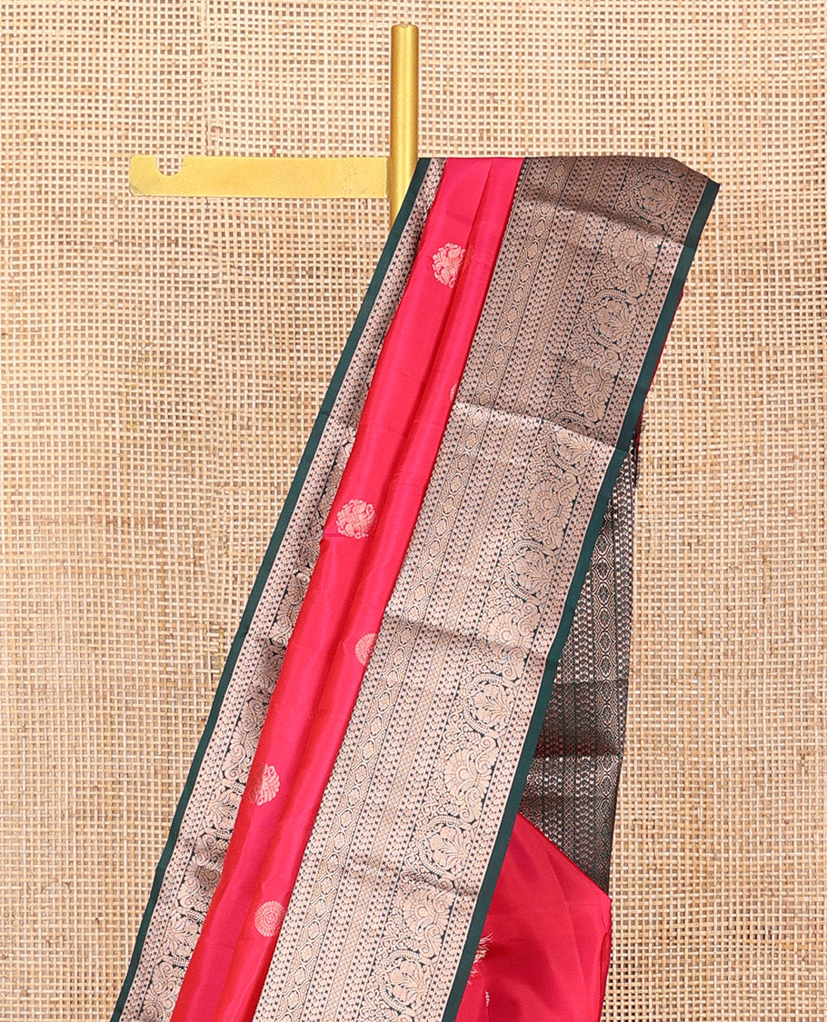 Red Vasundhara Silk Saree Accentuated with Zari Buttas All Over Its Body, Highlighted with a Contrast Border of Traditional Zari Designs, Pallu Delicately Woven with Jaal Designs, and Paired with a Contrast Blouse - Image 3