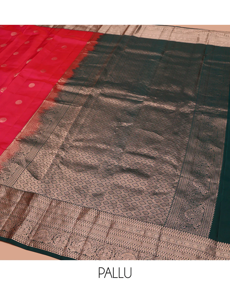 Red Vasundhara Silk Saree Accentuated with Zari Buttas All Over Its Body, Highlighted with a Contrast Border of Traditional Zari Designs, Pallu Delicately Woven with Jaal Designs, and Paired with a Contrast Blouse - Image 5