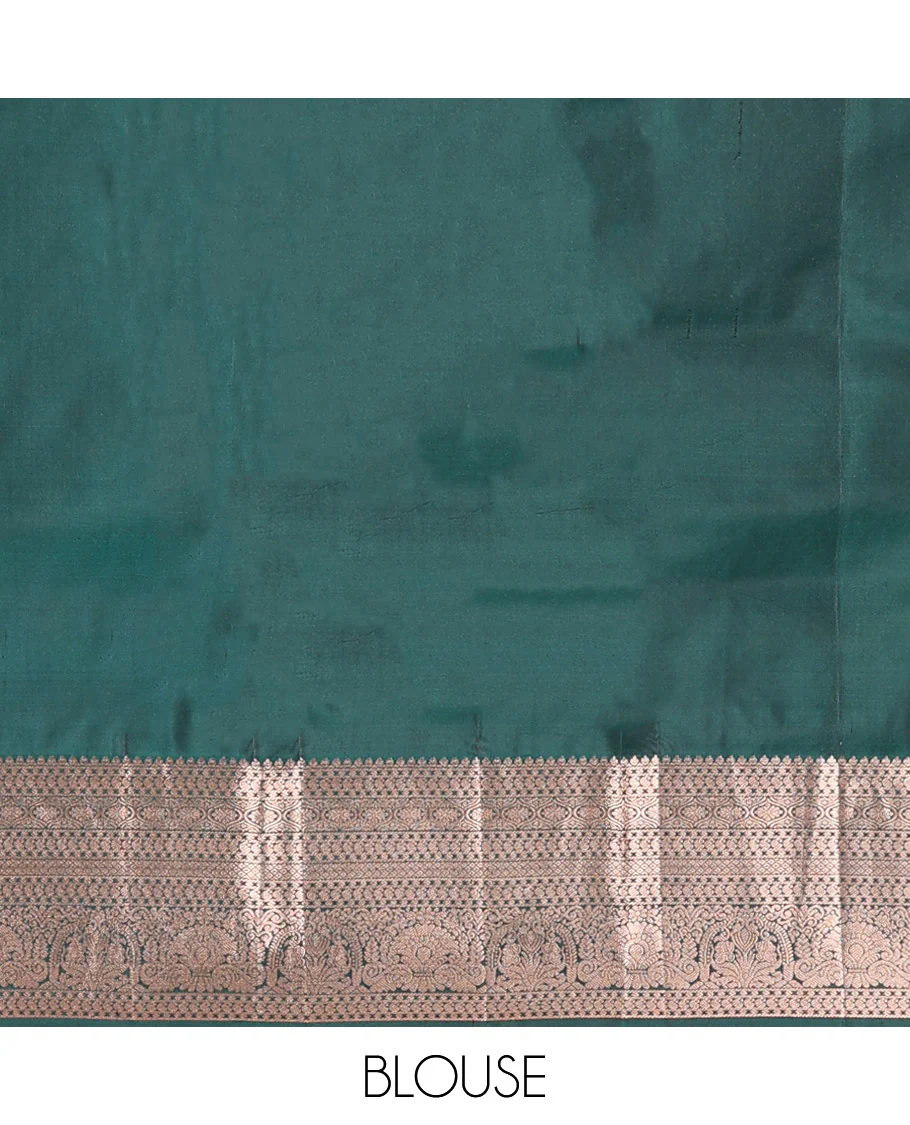 Red Vasundhara Silk Saree Accentuated with Zari Buttas All Over Its Body, Highlighted with a Contrast Border of Traditional Zari Designs, Pallu Delicately Woven with Jaal Designs, and Paired with a Contrast Blouse - Image 6