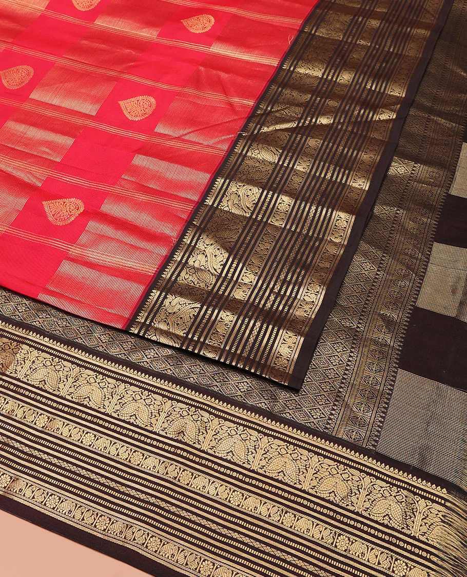 Red Vasundhara Silk Saree, Accentuated with Zari Buttas and Zari Stripes All Over Its Body, Complemented by a Contrast Border of Thilakam, Banaras, Muthu, Yaanai, Manga, and Mayil Designs, Zari Elevated Jaal Pallu, and Paired with a Contrast Blouse - Image 3
