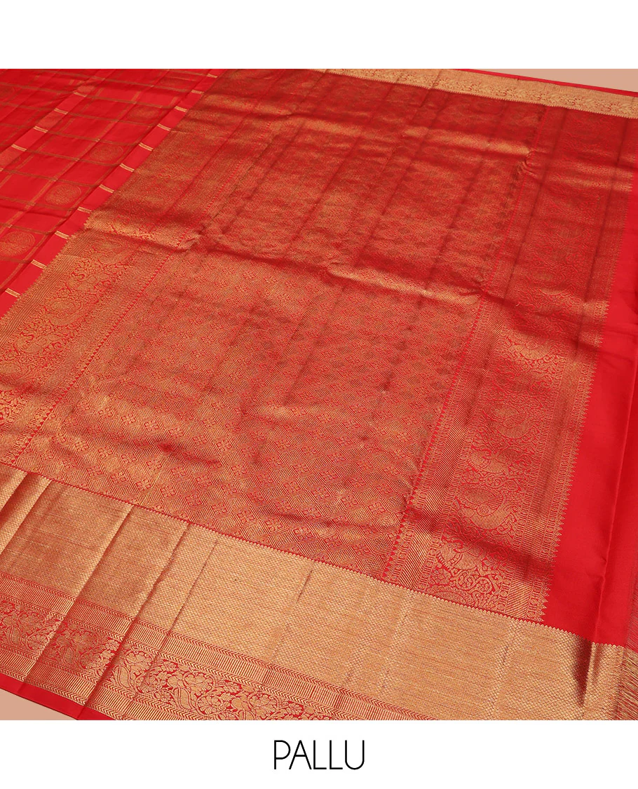 Red Vasundhara Silk Saree Artfully Woven with Zari Butta Enclosed Checks All Over Its Body, Highlighted by Zari Border of Rekku, Mayil Kann, Kathir, and Mayil Designs, a Grand Pallu of Jaal Designs, and Paired with a Matching Blouse - Image 5