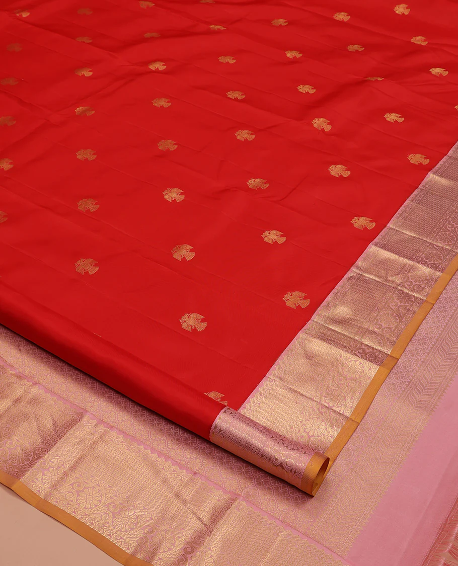 Red Vasundhara Silk Saree, Beautifully Bedecked with Iruthalai Pakshi Buttas All Over Its Body, Complemented by a Contrast Border of Rekku, Then Kuli Kann, and Kodi Visiry Designs, Grand Pallu, and Paired with a Contrast Blouse - Image 2