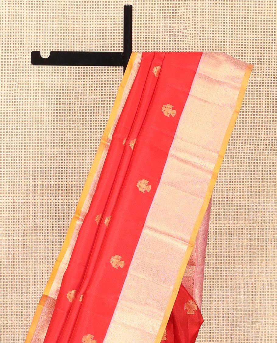 Red Vasundhara Silk Saree, Beautifully Bedecked with Iruthalai Pakshi Buttas All Over Its Body, Complemented by a Contrast Border of Rekku, Then Kuli Kann, and Kodi Visiry Designs, Grand Pallu, and Paired with a Contrast Blouse - Image 3