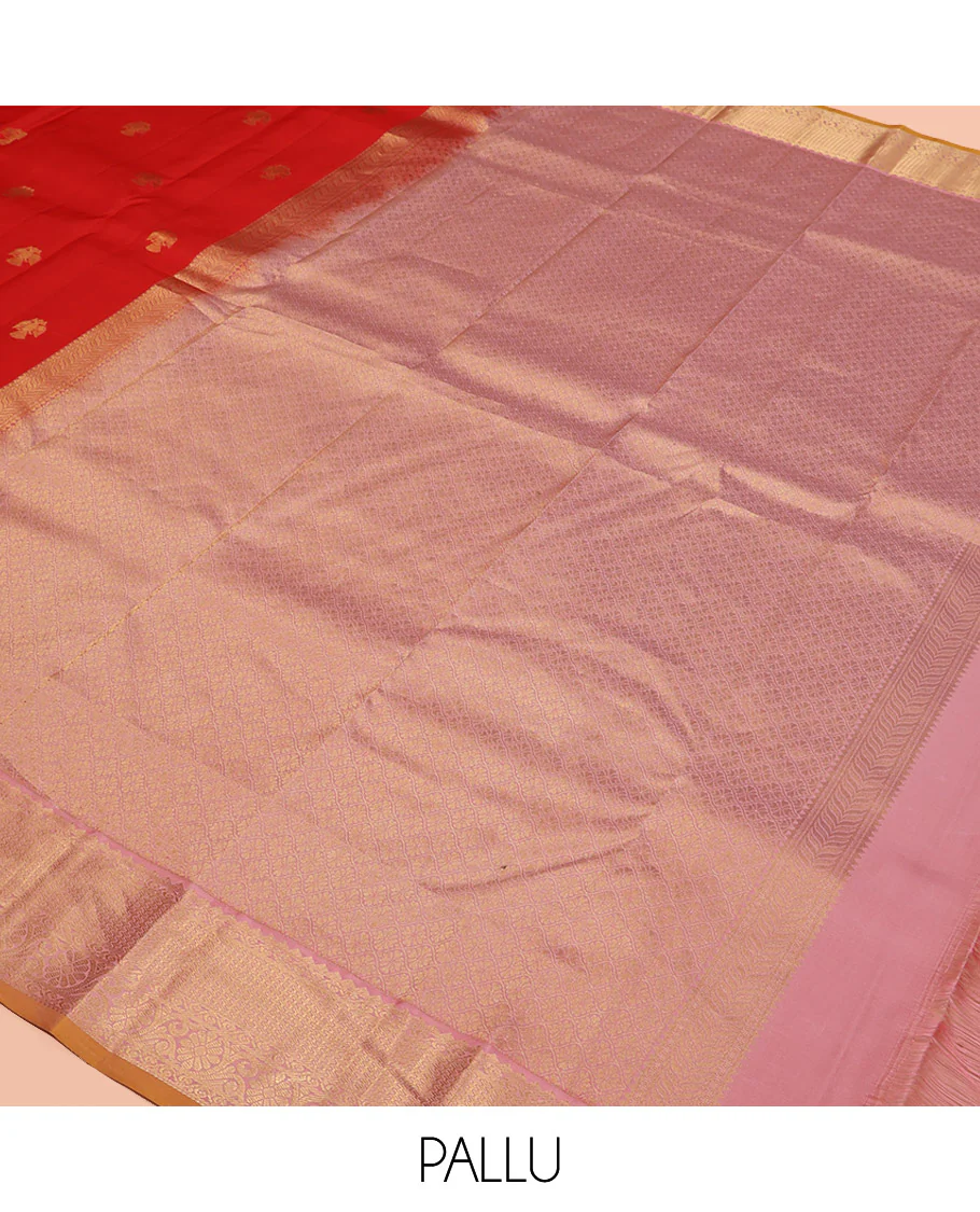 Red Vasundhara Silk Saree, Beautifully Bedecked with Iruthalai Pakshi Buttas All Over Its Body, Complemented by a Contrast Border of Rekku, Then Kuli Kann, and Kodi Visiry Designs, Grand Pallu, and Paired with a Contrast Blouse - Image 5