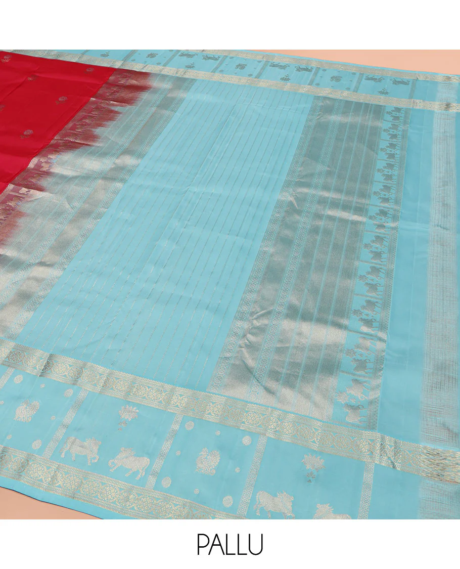 Red Vasundhara Silk Saree, Embellished with Floral Buttas on Its Body, Complemented by Contrast Border of Kodi Visiry, Annam, Pichwai Cow and Lotus Designs, Meticulously Crafted Pallu, and Paired with a Contrast Blouse - Image 5