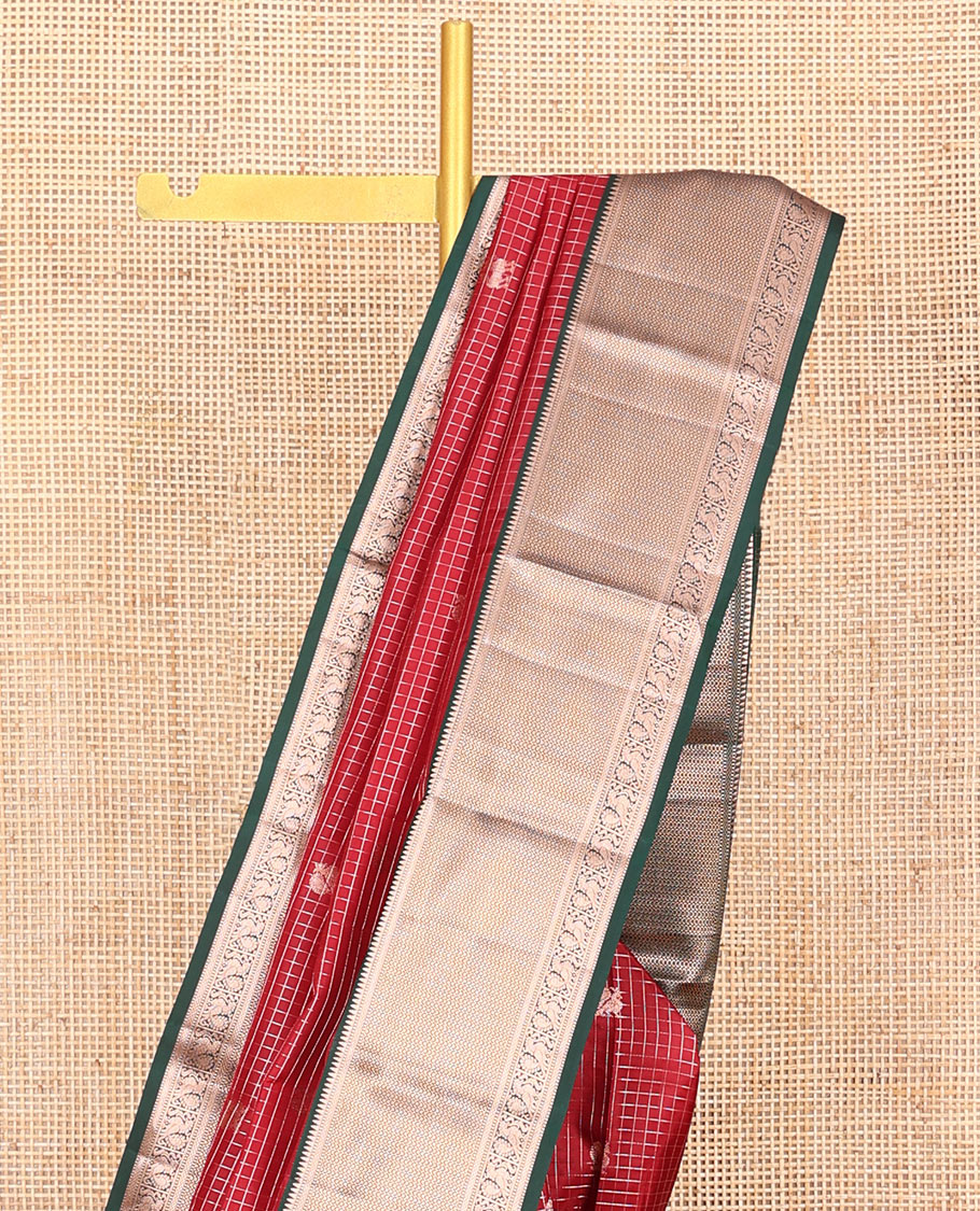 Red Vasundhara Silk Saree Embellished with Mayil-Yaali Buttas and Zari Checks, Complemented by a Contrast Border of Rekku, Muthu, Kuyil Kann, and Mayil Designs, Pallu Majestically Detailed with Geometric Designs, and Paired with a Matching Blouse - Image 2