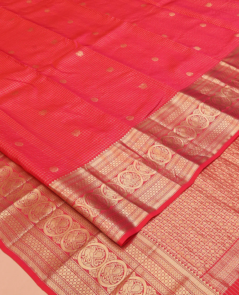 Red Vasundhara Silk Saree, Enriched with Zari Buttas and Checks All Over Its Body, Highlighted by Zari Border of Rekku, Mayil Kann, Vanki, Then Kuli Kann, and Round Mayil Designs, Grand Pallu of Butta Enclosed Checks, and Paired with a Matching Blouse - Image 2