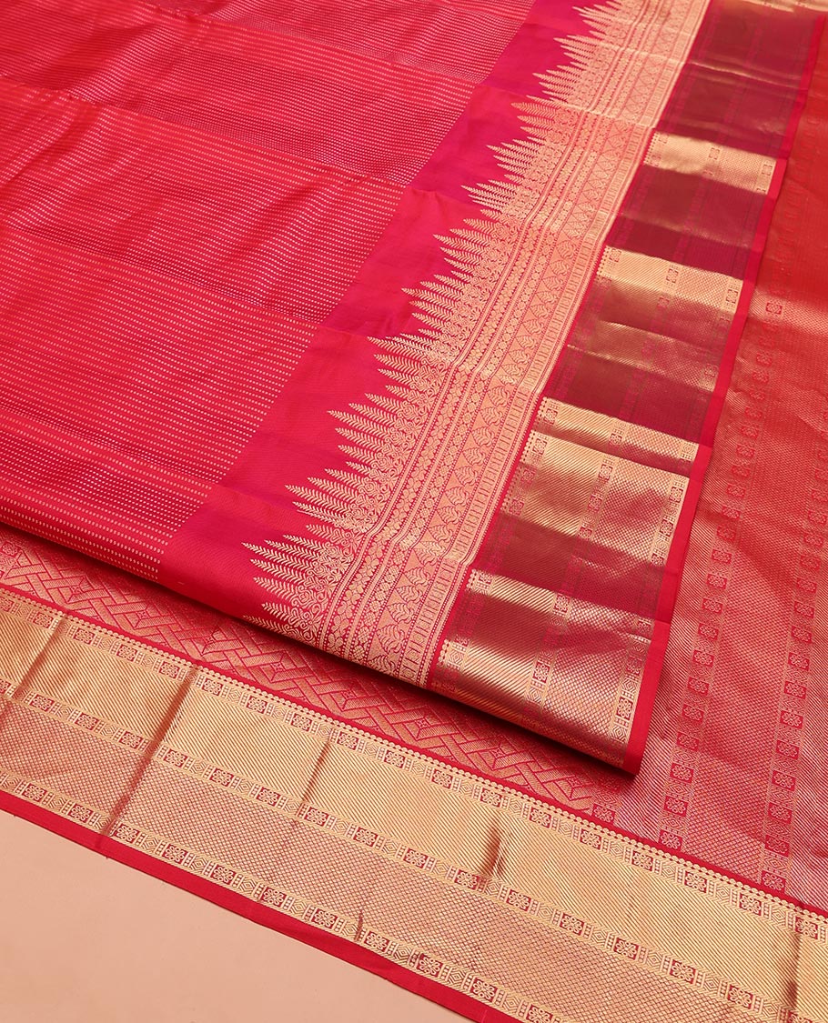 Red Vasundhara Silk Saree, Gleamed Up with Zari Muthu Stripes on Its Body, Highlighted by Zari Border of Traditional Designs, Geometric-Patterned Pallu, and Paired with a Matching Blouse - Image 2