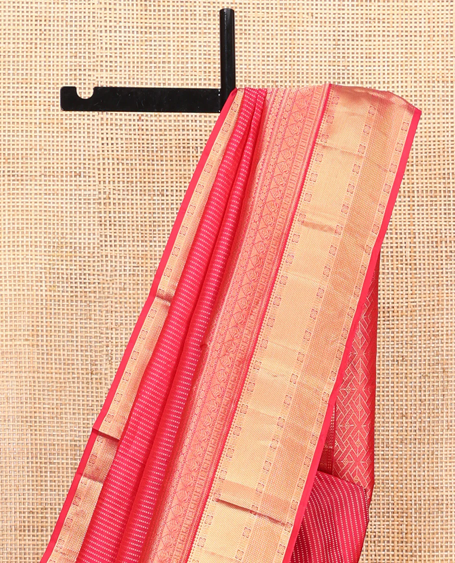 Red Vasundhara Silk Saree, Gleamed Up with Zari Muthu Stripes on Its Body, Highlighted by Zari Border of Traditional Designs, Geometric-Patterned Pallu, and Paired with a Matching Blouse - Image 3
