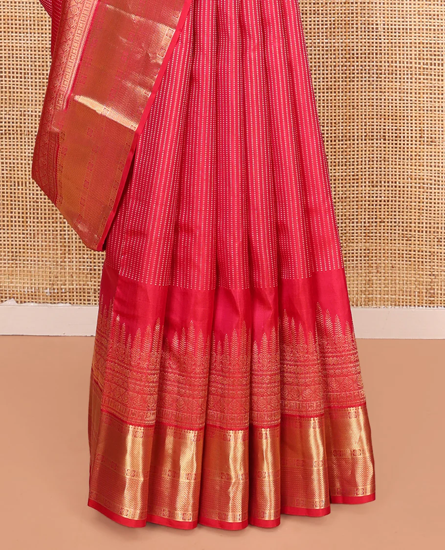 Red Vasundhara Silk Saree, Gleamed Up with Zari Muthu Stripes on Its Body, Highlighted by Zari Border of Traditional Designs, Geometric-Patterned Pallu, and Paired with a Matching Blouse - Image 4