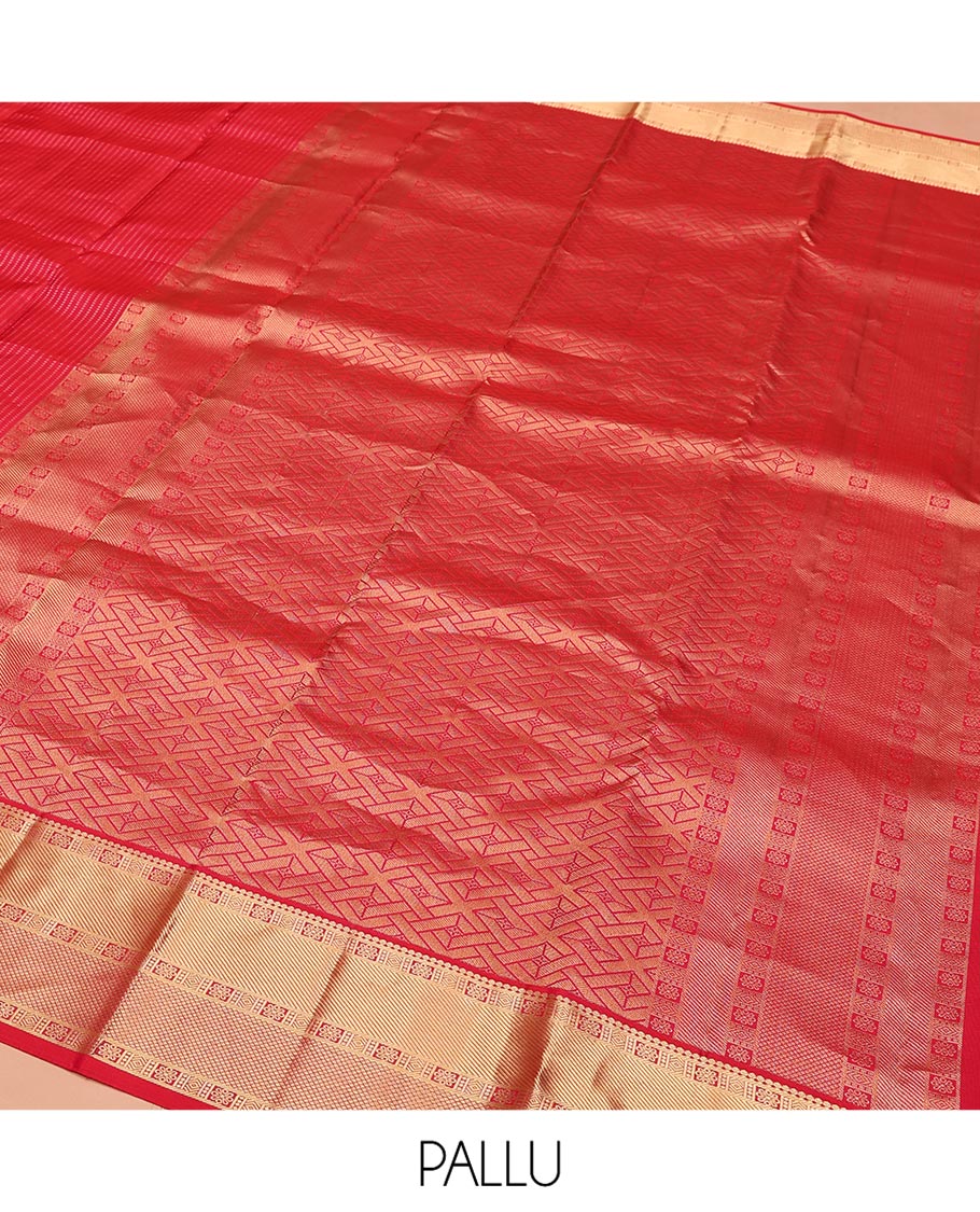 Red Vasundhara Silk Saree, Gleamed Up with Zari Muthu Stripes on Its Body, Highlighted by Zari Border of Traditional Designs, Geometric-Patterned Pallu, and Paired with a Matching Blouse - Image 5