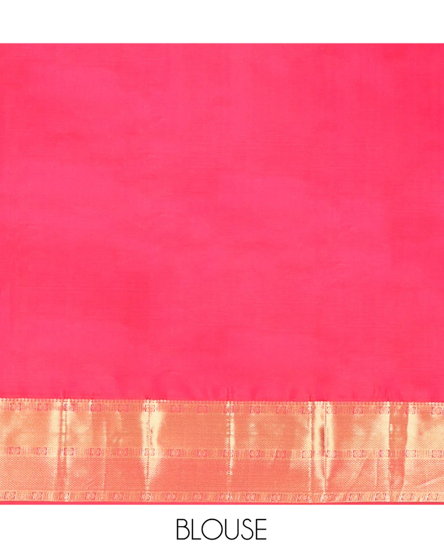 Red Vasundhara Silk Saree, Gleamed Up with Zari Muthu Stripes on Its Body, Highlighted by Zari Border of Traditional Designs, Geometric-Patterned Pallu, and Paired with a Matching Blouse - Image 6
