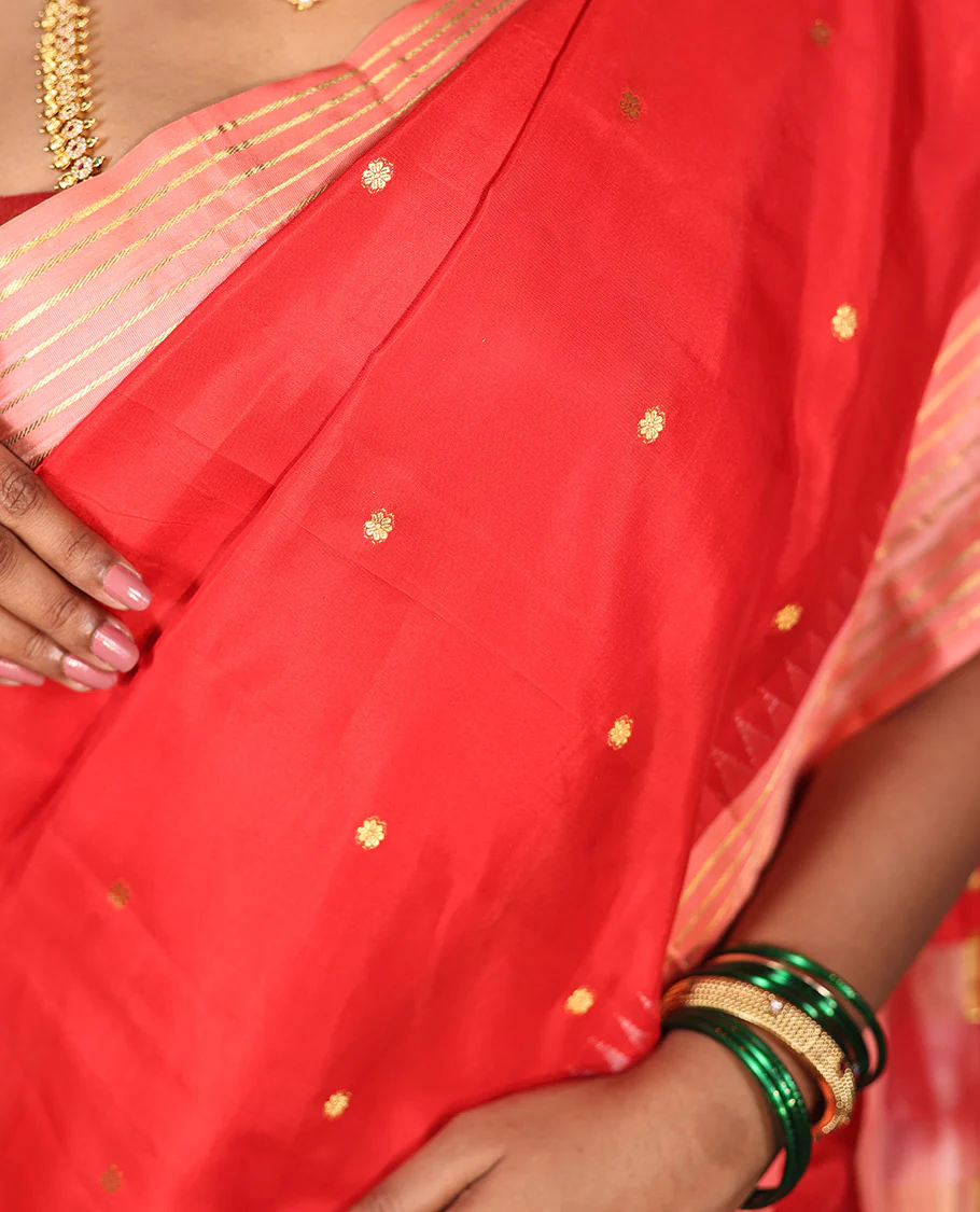 Red Vasundhara Silk Saree, Gracefully Woven with Kamalam Buttas on Its Body, Complemented by a Captivating Contrast Thazampoo Rekku Border of Banaras Designs, Zari-Decked Up Pallu, and Paired with a Contrast Blouse - Image 2
