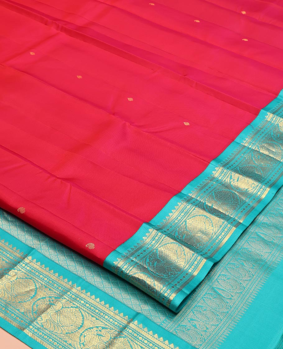 Red Vasundhara Silk Saree, Sparsely Woven with Zari Buttas All Over Its Body, Complemented by a Contrast Border of Rekku, Banaras, Diamond, and Round Mayil Designs, Grand Jaal-Patterned Pallu, and Paired with a Contrast Blouse - Image 2