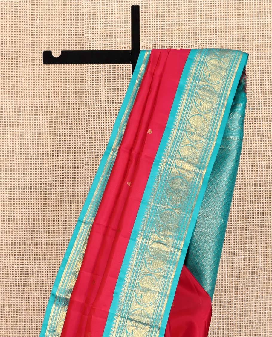 Red Vasundhara Silk Saree, Sparsely Woven with Zari Buttas All Over Its Body, Complemented by a Contrast Border of Rekku, Banaras, Diamond, and Round Mayil Designs, Grand Jaal-Patterned Pallu, and Paired with a Contrast Blouse - Image 3