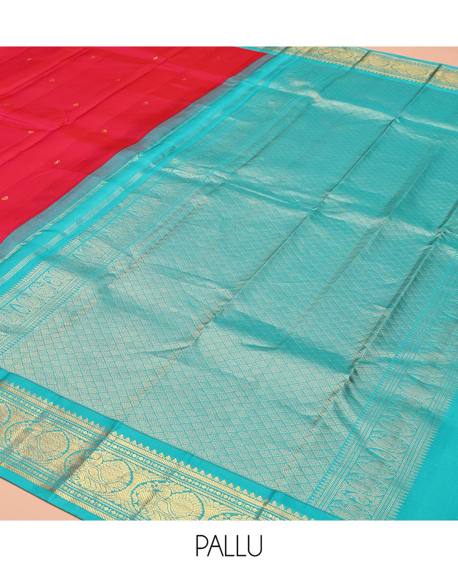 Red Vasundhara Silk Saree, Sparsely Woven with Zari Buttas All Over Its Body, Complemented by a Contrast Border of Rekku, Banaras, Diamond, and Round Mayil Designs, Grand Jaal-Patterned Pallu, and Paired with a Contrast Blouse - Image 5