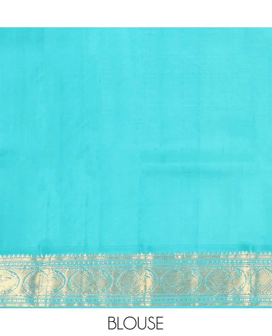 Red Vasundhara Silk Saree, Sparsely Woven with Zari Buttas All Over Its Body, Complemented by a Contrast Border of Rekku, Banaras, Diamond, and Round Mayil Designs, Grand Jaal-Patterned Pallu, and Paired with a Contrast Blouse - Image 6