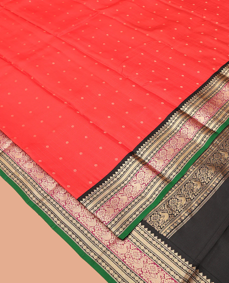 Red Vasundhara Silk Saree, Sparsely Woven with Zari Buttas All Over Its Body, Complemented by a Contrast Border of Rekku, Muthu, Poun, Kathir, and Mayil Designs, Beautifully Bedecked Pallu, and Paired with a Contrast Blouse - Image 2