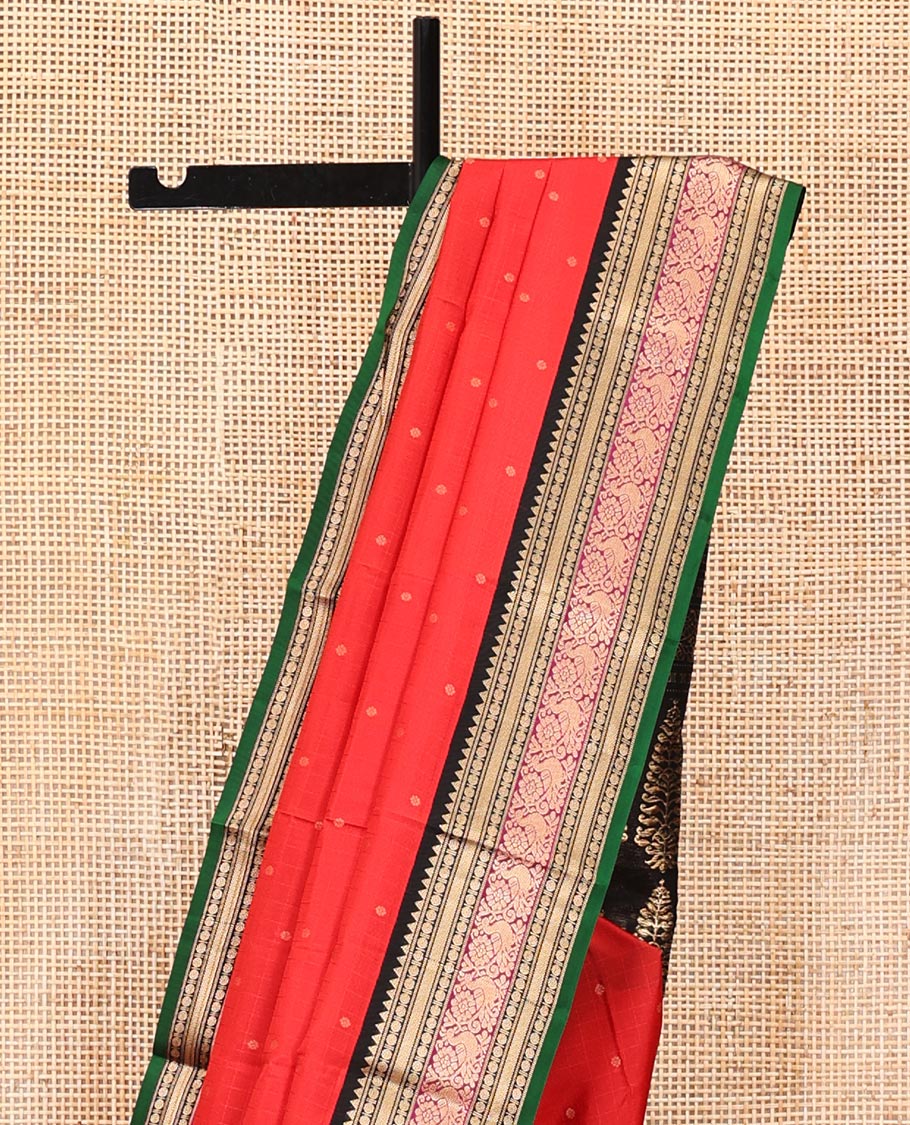 Red Vasundhara Silk Saree, Sparsely Woven with Zari Buttas All Over Its Body, Complemented by a Contrast Border of Rekku, Muthu, Poun, Kathir, and Mayil Designs, Beautifully Bedecked Pallu, and Paired with a Contrast Blouse - Image 3