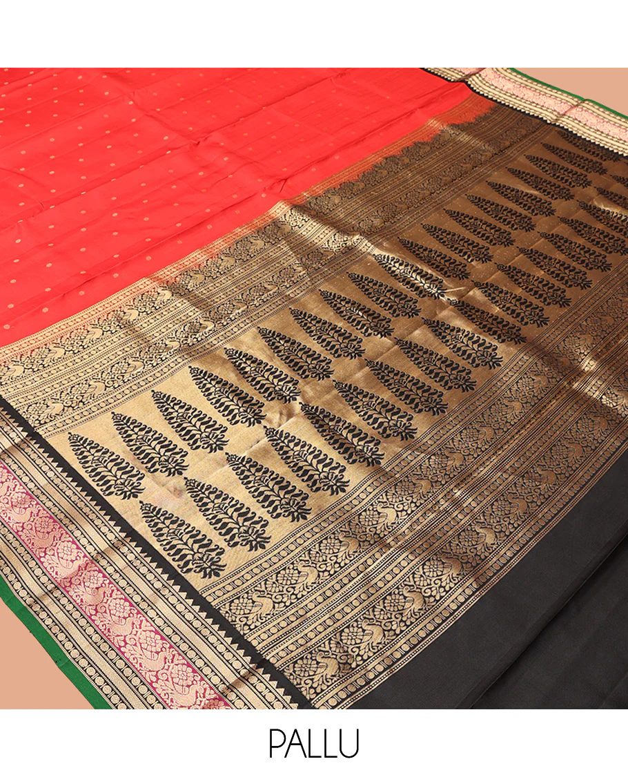 Red Vasundhara Silk Saree, Sparsely Woven with Zari Buttas All Over Its Body, Complemented by a Contrast Border of Rekku, Muthu, Poun, Kathir, and Mayil Designs, Beautifully Bedecked Pallu, and Paired with a Contrast Blouse - Image 5