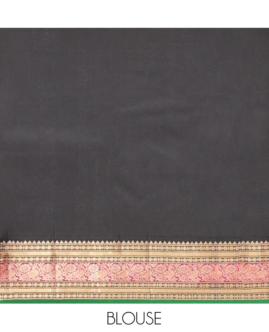 Red Vasundhara Silk Saree, Sparsely Woven with Zari Buttas All Over Its Body, Complemented by a Contrast Border of Rekku, Muthu, Poun, Kathir, and Mayil Designs, Beautifully Bedecked Pallu, and Paired with a Contrast Blouse - Image 6