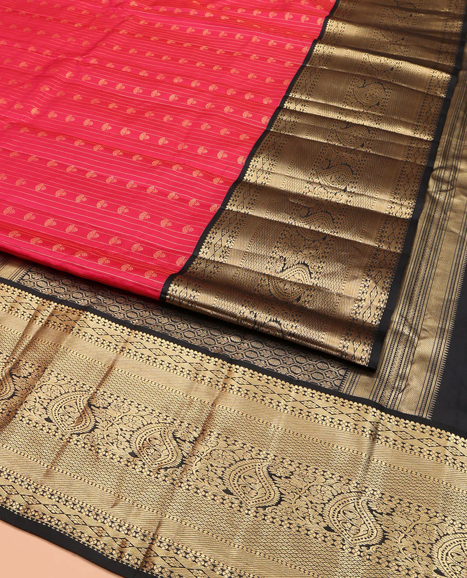 Red Vasundhara Silk Saree, Subtly Sparkled with Buttas and Stripes All Over Its Body, Complemented by Contrast Zari Border of Diamond, Mayil Kann, Manga, and Kodi Visiry Designs, Opulently Embellished Pallu, and Paired with a Contrast Blouse - Image 2