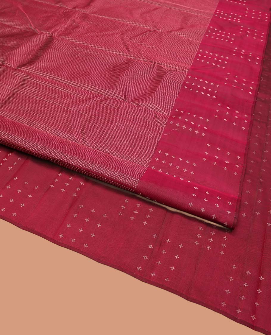 Red Vasundhara Silk Saree, Subtly Sparkled with Micro-Checked Design on Its Body, Highlighted by a Zari Border Steeped with Flower Designs, Pallu Steeped with Flower Designs, and Paired with a Matching Blouse - Image 2