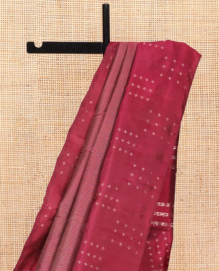 Red Vasundhara Silk Saree, Subtly Sparkled with Micro-Checked Design on Its Body, Highlighted by a Zari Border Steeped with Flower Designs, Pallu Steeped with Flower Designs, and Paired with a Matching Blouse - Image 3