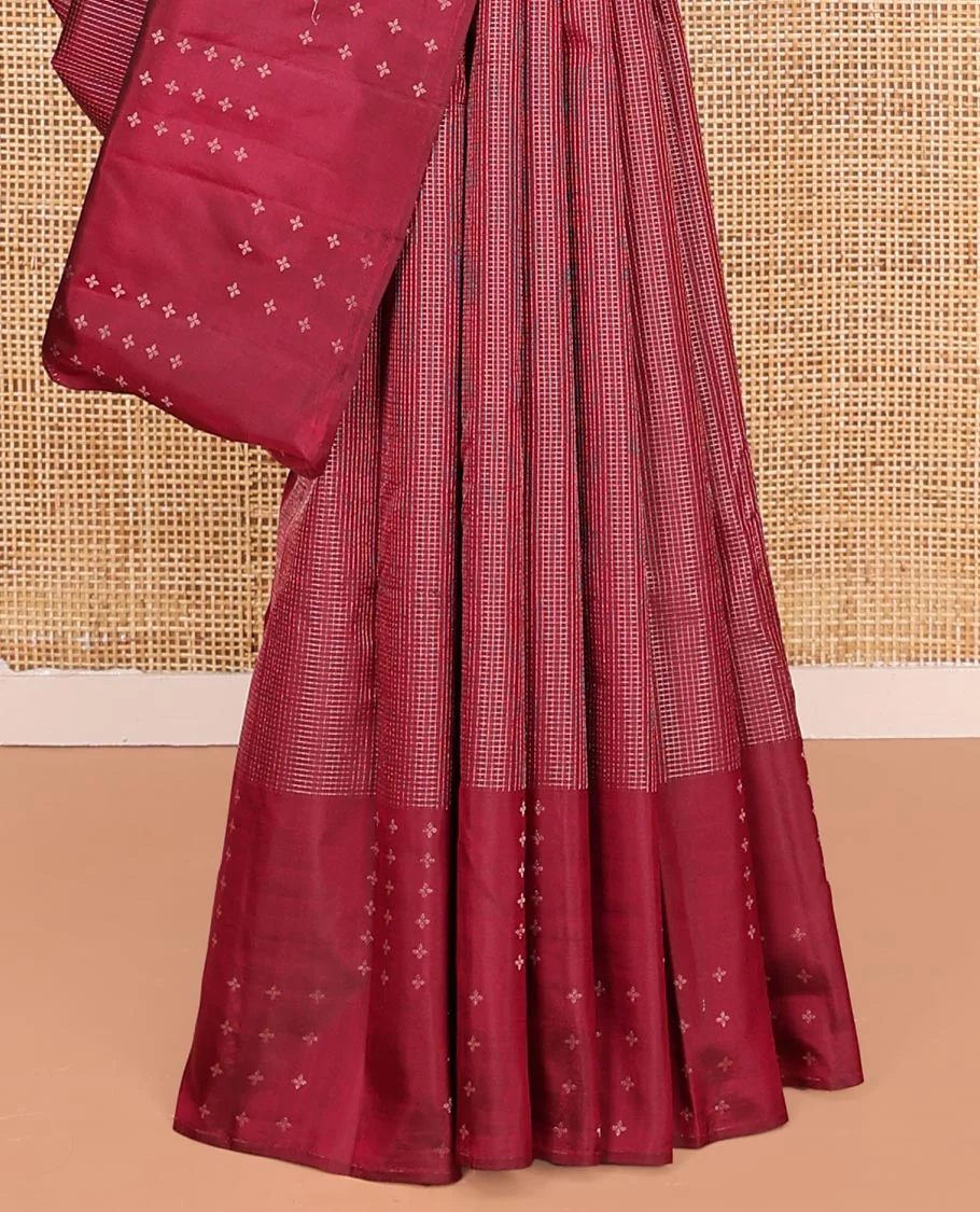 Red Vasundhara Silk Saree, Subtly Sparkled with Micro-Checked Design on Its Body, Highlighted by a Zari Border Steeped with Flower Designs, Pallu Steeped with Flower Designs, and Paired with a Matching Blouse - Image 4