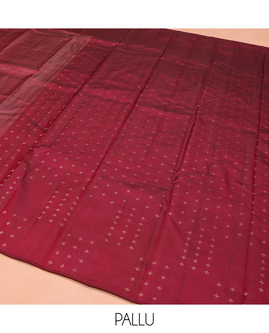 Red Vasundhara Silk Saree, Subtly Sparkled with Micro-Checked Design on Its Body, Highlighted by a Zari Border Steeped with Flower Designs, Pallu Steeped with Flower Designs, and Paired with a Matching Blouse - Image 5