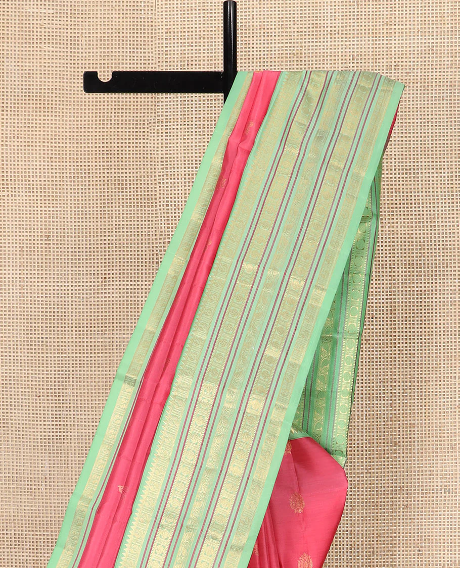 Red Vasundhara Silk Saree Subtly Woven with Zari Buttas, Complemented by a Contrast Varisai Pettu Border of Rekku, Mayil, Rudraksham, and Manga Designs, Pallu Adorned with Traditional Designs, and Paired with a Contrast Zari-Bordered Blouse - Image 3