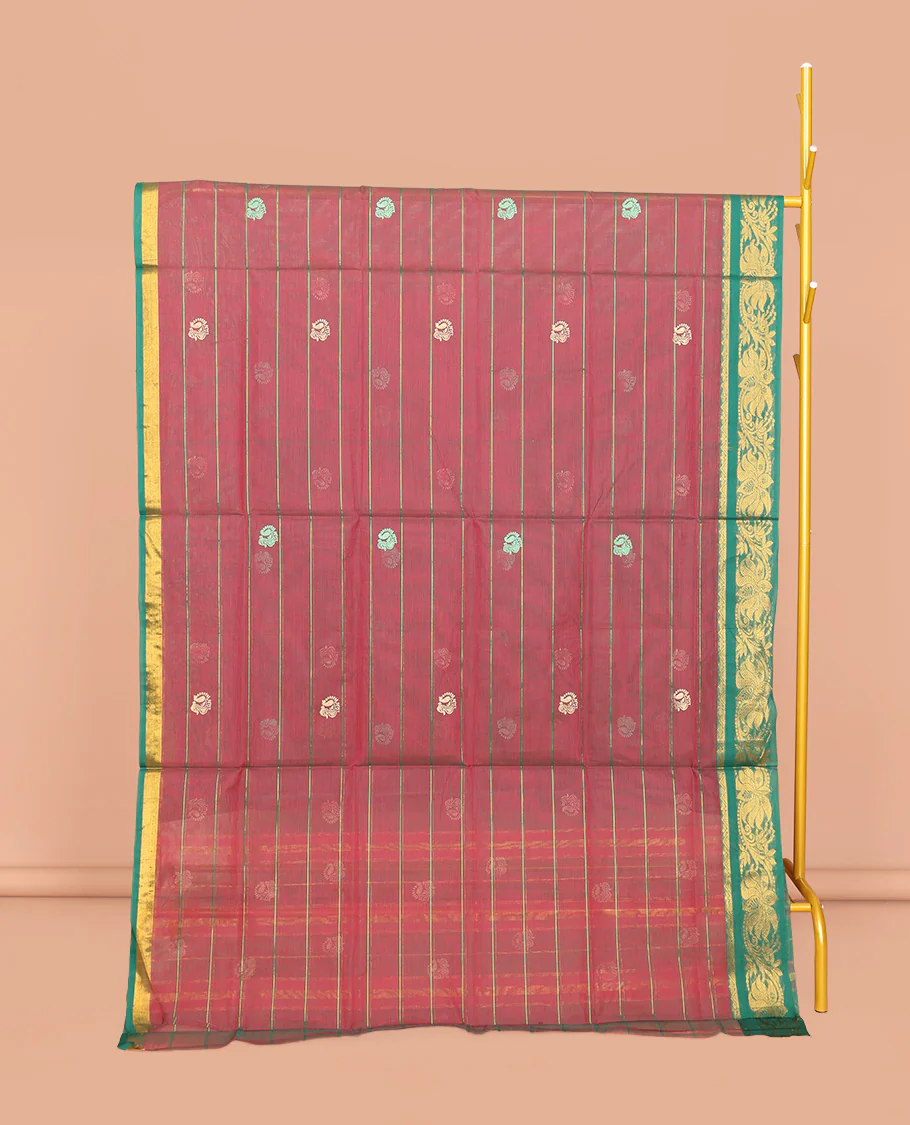 Red Venkatagiri Cotton Saree, Accentuated with Peacock Buttas and Stripes, a Contrast Floral Creeper Zari Border, Pallu of Buttas and Stripes, and No Blouse