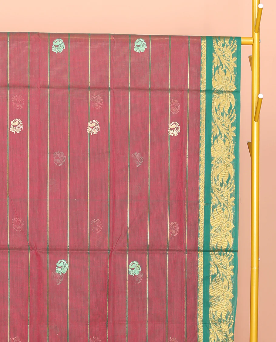 Red Venkatagiri Cotton Saree, Accentuated with Peacock Buttas and Stripes, a Contrast Floral Creeper Zari Border, Pallu of Buttas and Stripes, and No Blouse - Image 2