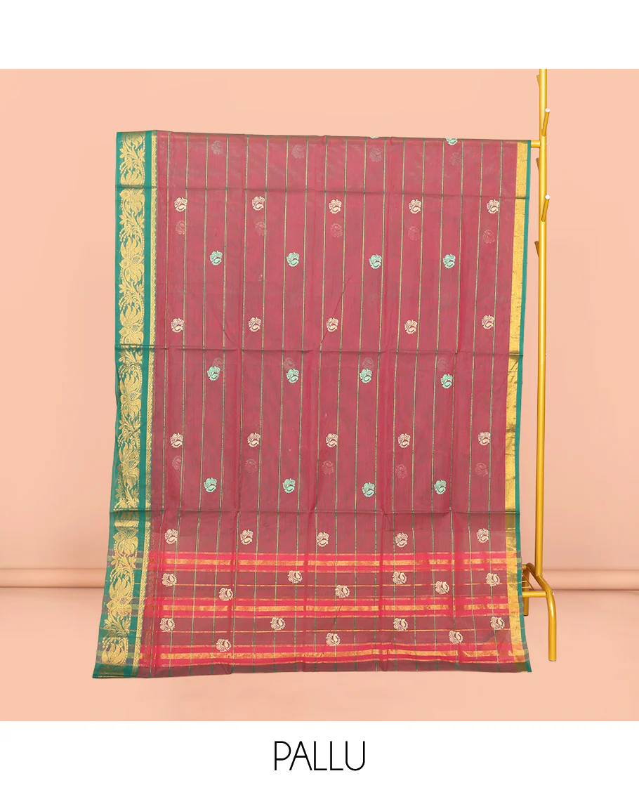 Red Venkatagiri Cotton Saree, Accentuated with Peacock Buttas and Stripes, a Contrast Floral Creeper Zari Border, Pallu of Buttas and Stripes, and No Blouse - Image 4