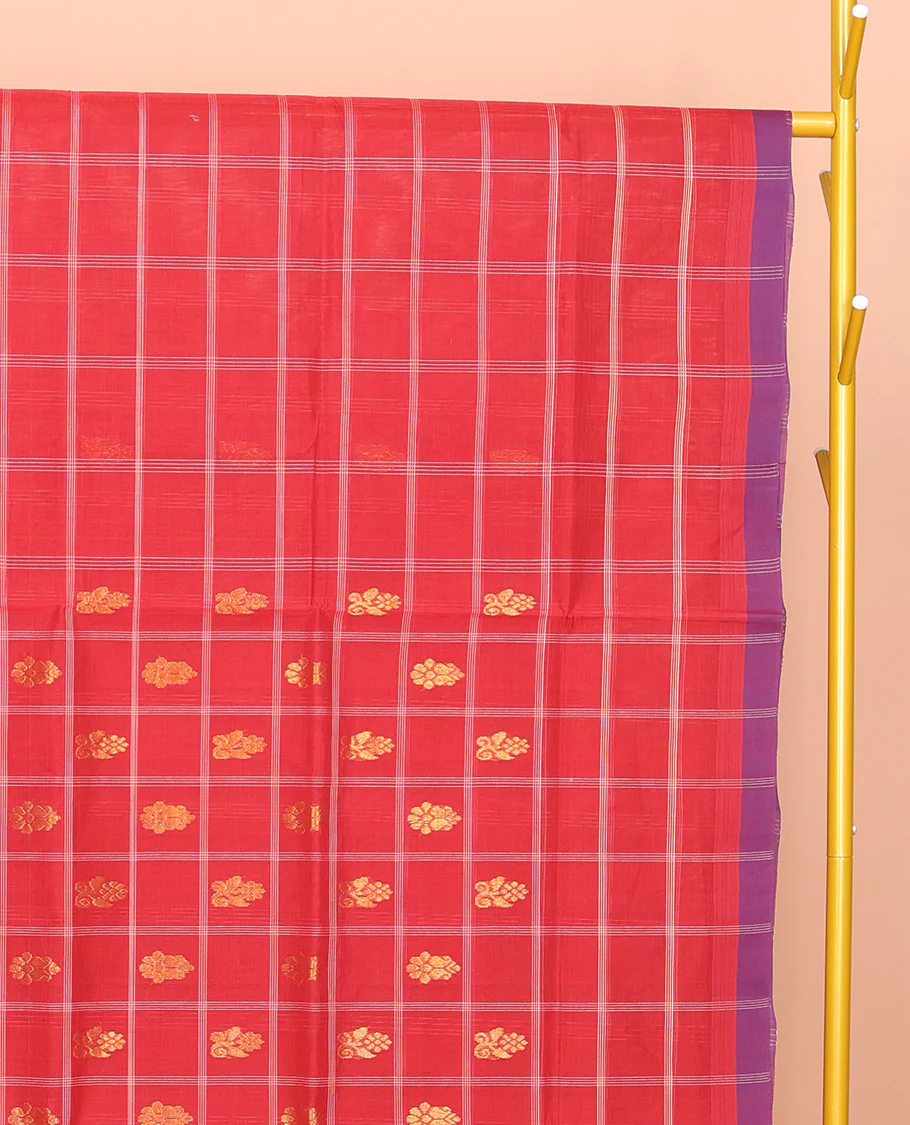 Red Venkatagiri Cotton Saree Decked up with Buttas, a Contrast Zari-Thread Border, Pallu of Stripes, and No Blouse - Image 2