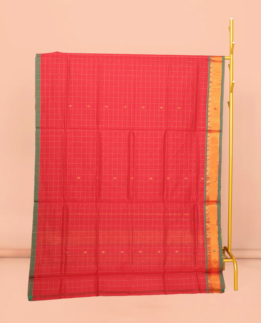 Red Venkatagiri Cotton Saree Features Buttas and Checks, a Contrast Traditional Zari Border, Pallu of Stripes, and No Blouse