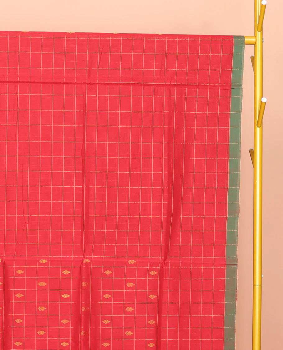 Red Venkatagiri Cotton Saree Features Buttas and Checks, a Contrast Traditional Zari Border, Pallu of Stripes, and No Blouse - Image 2